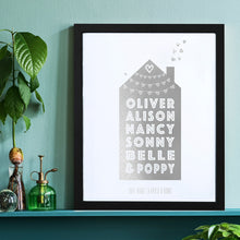 Load image into Gallery viewer, Personalised Foiled Home Print, Personalised Family Gift, Family Print, Silver Foil Print, New Home Print, Family Gift, Housewarming