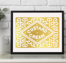 Load image into Gallery viewer, Personalised Custard Cream Foil Print, Kitchen Wall Art, Biscuit Art Print, Kitchen Decor, Custard Cream Gift, Retro Art Print, Biscuit Love