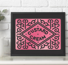 Load image into Gallery viewer, Personalised Custard Cream Foil Print, Kitchen Wall Art, Biscuit Art Print, Kitchen Decor, Custard Cream Gift, Retro Art Print, Biscuit Love