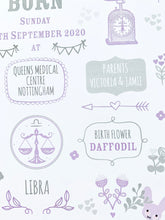 Load image into Gallery viewer, Lilac New Baby Birth Details Print