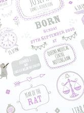 Load image into Gallery viewer, Lilac New Baby Birth Details Print