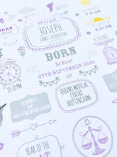 Load image into Gallery viewer, Lilac New Baby Birth Details Print