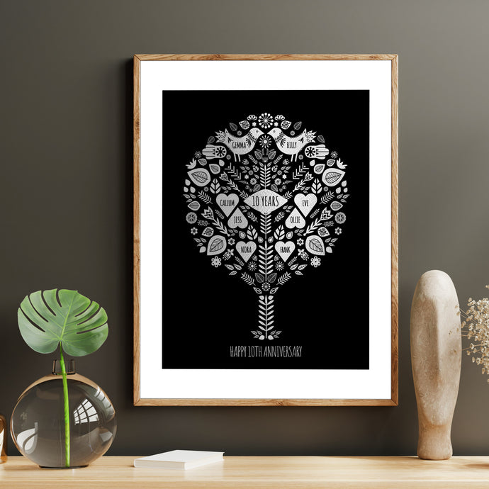 10th Tin Wedding Anniversary Family Tree Print