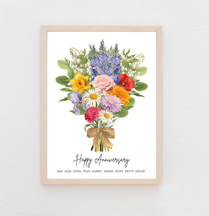 1st Anniversary Print, Paper Wedding Anniversary Gift, Birth Flower Print, Birth Flower Bouquet, Gift For Wife, First Anniversary Gift,