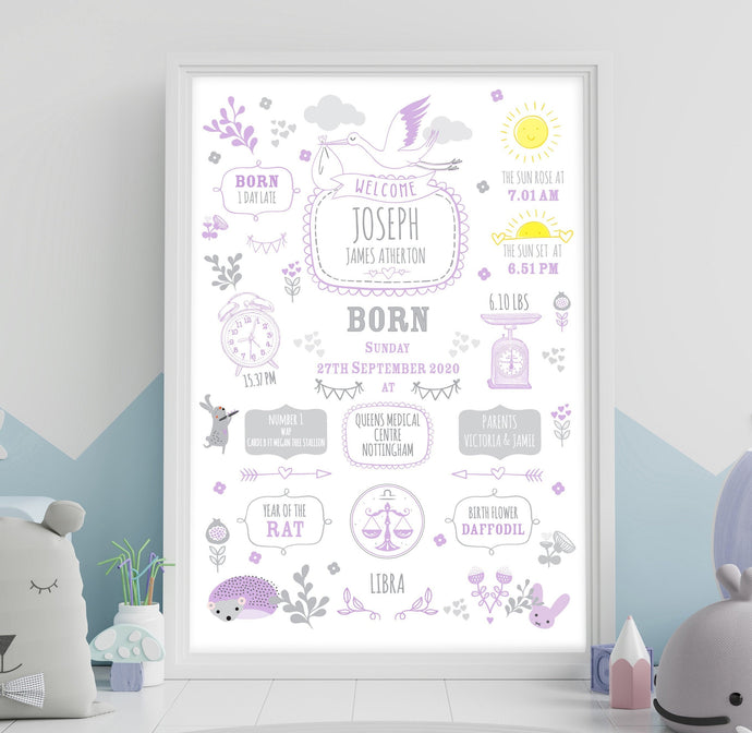 Lilac New Baby Birth Details Print